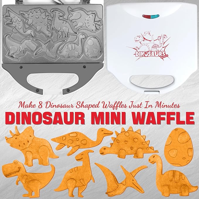 Dinosaur Mini Waffle Maker for Kids, Mini Pancake Maker Machine for Halloween, 8 Different Shaped Dinos in Minutes, Electric Non-Stick Waffle Iron, White