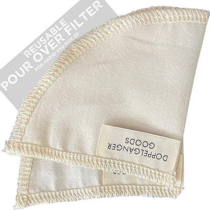 (2-Pack) Reusable Organic Cotton Pour Over Cone Filters for Hario V60 and Chemex Style Style Filters — Pourover Coffee Filter Maker Cup Ceramic, Glass, Plastic Dripper (Size 03, 1-6 Cups)