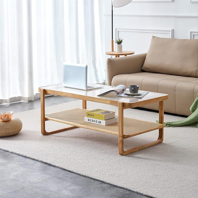 Rattan Coffee Table with Tempered Glass Top,Wood Coffee Table for Living Room,Glass Top with Imitation Rattan Storage Shelf, Rectangle Coffee Table for Living Room