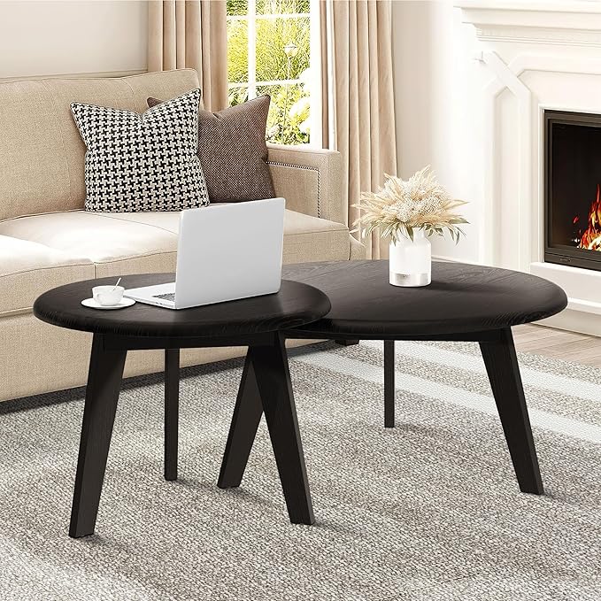 23.6" Coffee Table Mid Century Modern Farmhouse Round Nesting Stacking, Vintage Rustic Solid Wood, Black Accent Coffee Table for Living Room, Bedroom & Office, Espresso