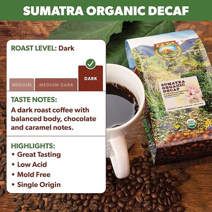 Low Acid Organic Coffee – Whole Bean, Mold-Free & Stomach Friendly by Java Planet, Sumatran Single Origin Decaf Coffee, Dark Roast, Smooth Full Flavored, 5LB Bag