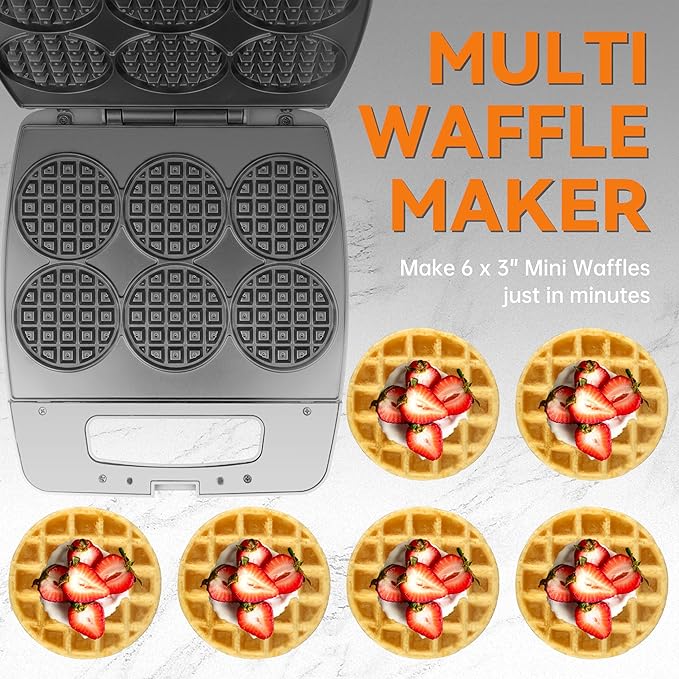 Baker's Friend Multi Mini Waffle Maker Machine, Bake 6 x 3 Inch Small Waffles, Perfect for Families and Individuals Use, Excellent Choice for Breakfast Brunch Parties & Events, Graphite