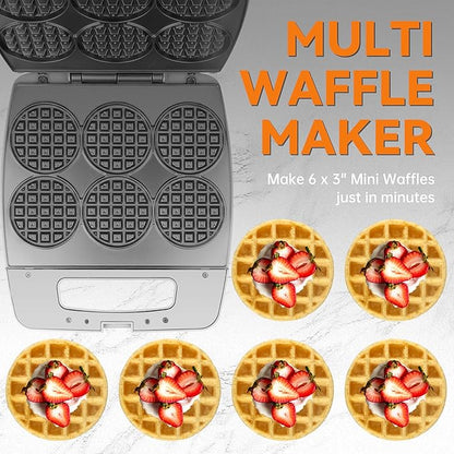 Baker's Friend Multi Mini Waffle Maker Machine, Bake 6 x 3 Inch Small Waffles, Perfect for Families and Individuals Use, Excellent Choice for Breakfast Brunch Parties & Events, Graphite