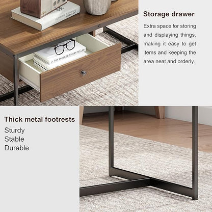 Manora Minimalist Coffee Table with Drawer, Modern Industrial Aesthetic Center Table for Living Room, Stylish Wood Modern Coffee Table with Storage, Walnut