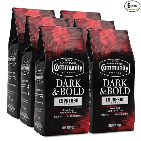 Community Coffee Dark & Bold Espresso Roast 72 Ounces, Extra Dark Roast Ground Coffee, 12 Ounce Bag (Pack of 6)