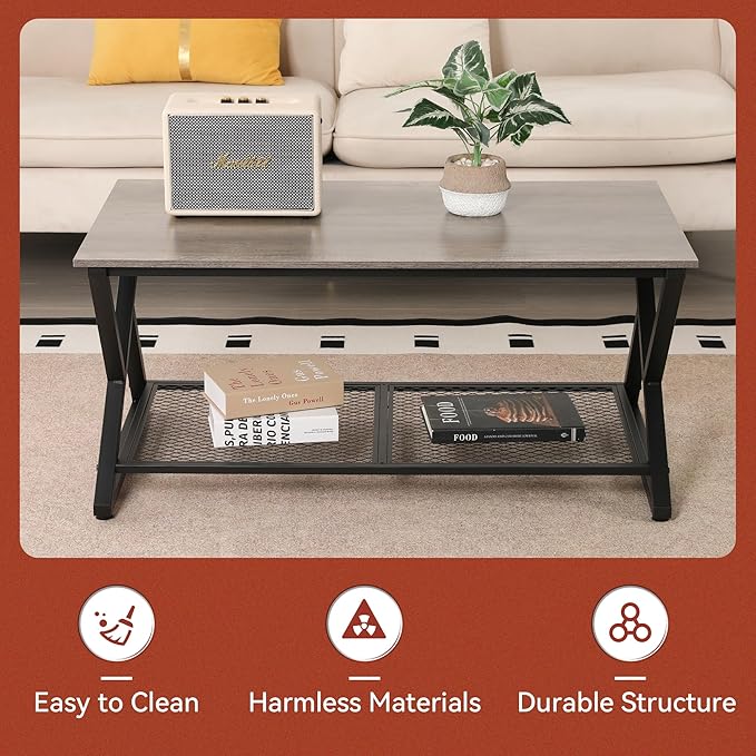 SENIG Coffee Table with Storage Shelf, Industrial Metal Wood Living Room Tables, Rectangle Center Table 39 Inch, Vintage Simple 2 Tier Cocktail Table, Grey