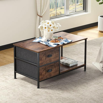 SENIG Coffee Table with Drawers, Coffee Table for Living Room, 2-Tier Coffee Tables with Storage Drawers，Brown Coffee Tables for Small Spaces, Rectangle Wood Ttable, Metal Side End Table