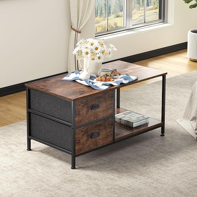 SENIG Coffee Table with Drawers, Coffee Table for Living Room, 2-Tier Coffee Tables with Storage Drawers，Brown Coffee Tables for Small Spaces, Rectangle Wood Ttable, Metal Side End Table