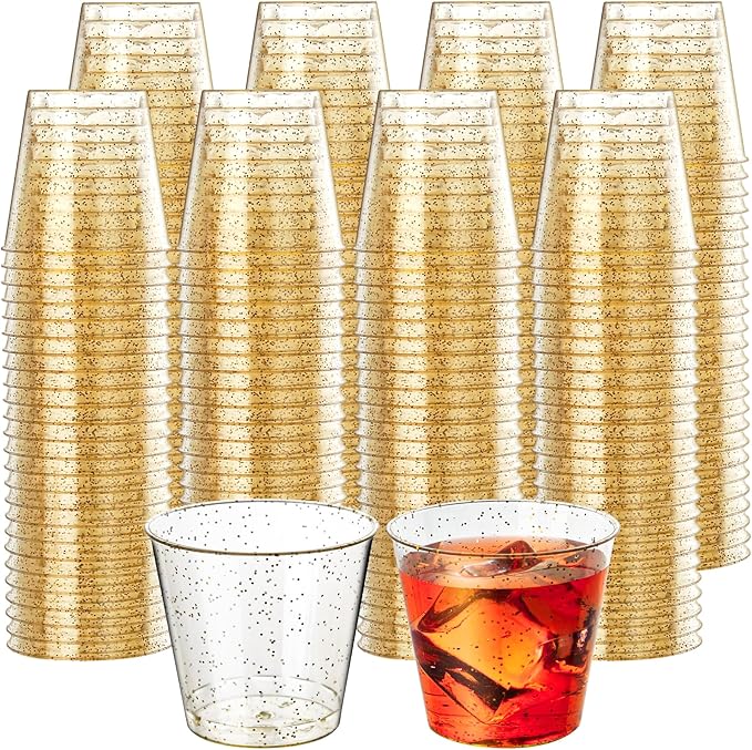 500Counts 1OZ. Disposable Shot Glasses Hard Plastic Shot Cups Gold Glitter Mini Shot Glasses for Tequila, Jello Shots, Liquor, 1Ounce Small Cup for Sauce, Dips, Shot Cups for Party