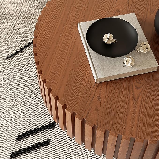 31.5" Round Drum Coffee Table, Modern Handcraft Fluted Drum Center Table, Wooden Round Coffee Table Center Table with Sturdy Pedestal for Living Room Apartment (Natural Wood)