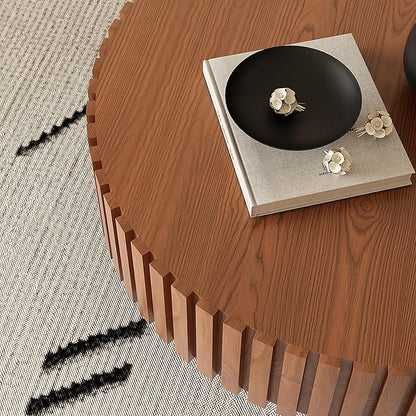 31.5" Round Drum Coffee Table, Modern Handcraft Fluted Drum Center Table, Wooden Round Coffee Table Center Table with Sturdy Pedestal for Living Room Apartment (Natural Wood)