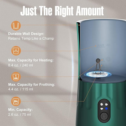 Milk Frother, 4-in-1 Electric Milk Frother and Steamer, Automatic Hot and Cold Foam Maker and Milk Warmer for Coffee, Latte, Cappuccino, Macchiato, Hot Chocolate(Dark Green)