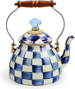 Load image into Gallery viewer, MACKENZIE-CHILDS Enamel Tea Kettle, Stylish Tea Kettle for Stovetop, Blue-and-White Royal Check, 2 Quarts
