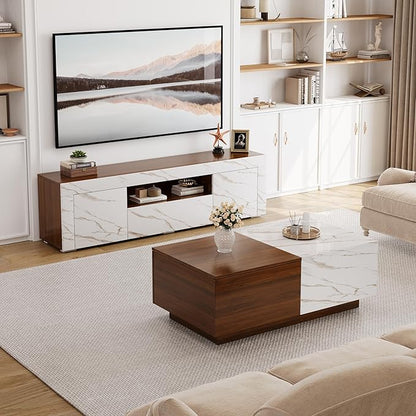 Lift Top Coffee Tables for Living Room, 43" LED Wooden Center Tables with Storage Shelf, Hidden Compartment and Drawer for Home (Walnut Grain and Marble White)