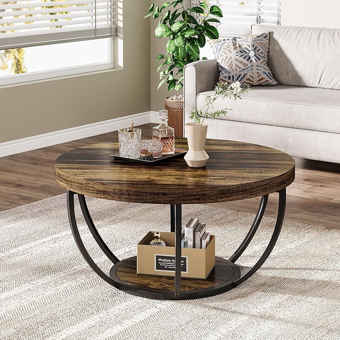 Tribesigns Round Coffee Table, 31.7" Wooden 2-Tier Circle Coffee Table with Storage Shelves, Modern Accent Cocktail Table Center Table for Living Room, Rustic Brown