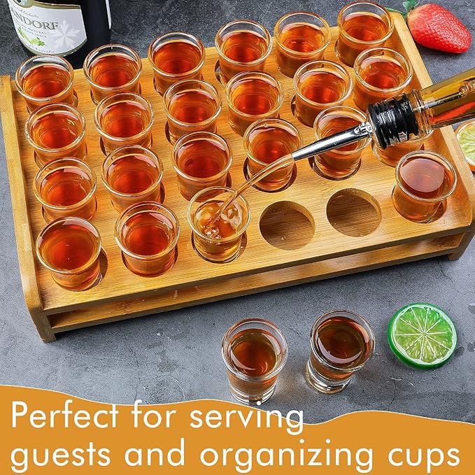 Shot Glasses Set of 24 Large Shot Glasses and Holder 1oz/30ml Shot Glass Tray Stand Thick Base for Party Club Bar Home Tools Restaurant Kitchen Barware Glassware Drinking Spirit Tasting Gifts