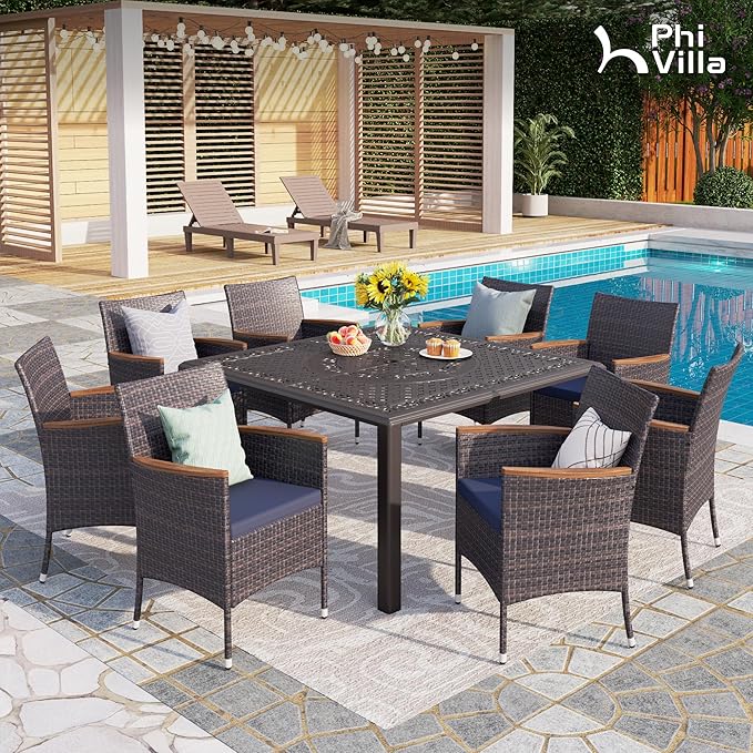 PHI VILLA Aluminum Patio Dining Tables for 8 Person, 53" Square Outdoor Table with 2.1" Umbrella Hole, Lawn Garden Tables for Outside All Weather