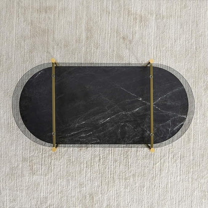 Oval Glass Coffee Table, Mid-Century Modern Design, L41 x W21 x H17 inch, for Living Room, Grey Glass Top, Black Marble Finish Wood Shelf & Gold Finish Frame