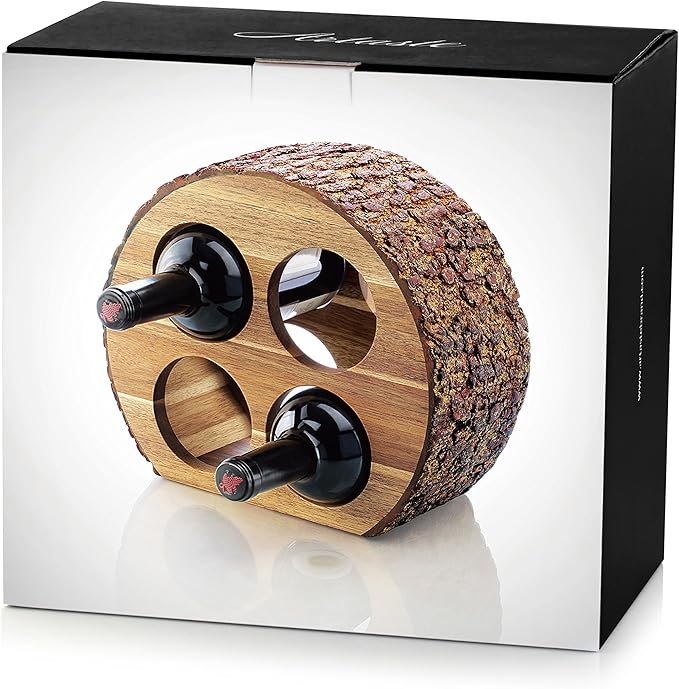 Artaste 48537 Acacia Wood Countertop Wine Rack with Natural Bark, 4-Bottles