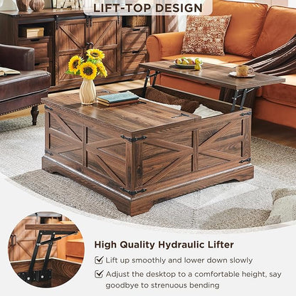 JXQTLINGMU Farmhouse Lift Top Coffee Table with Storage, 36" Wood Square Center Table with Large Hidden Compartment, Rustic Lift Tabletop Dining Table for Home Living Room, Brown