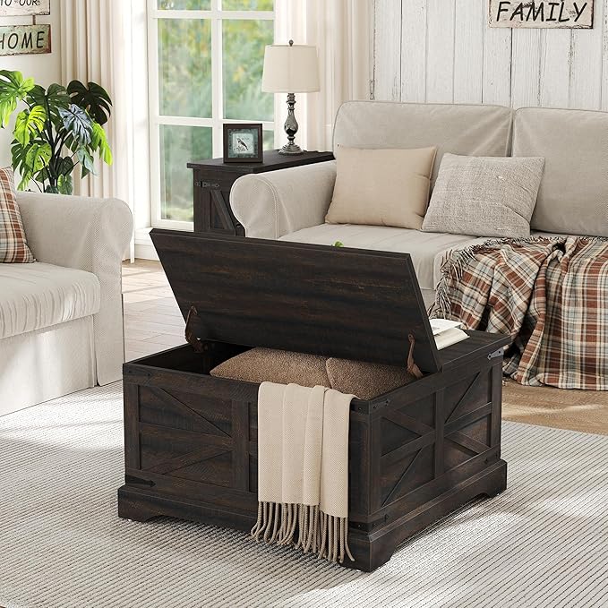 Furnideco Square Coffee Table with Storage Farmhouse Coffee Table with Lifting Top Modern Wood Center Table for Living Room Home Office, Dark Brown
