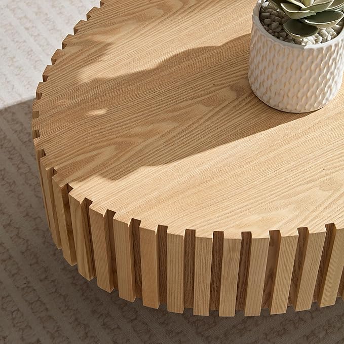 43.7 Inch Oval Drum Coffee Table, Modern Handcraft Fluted Drum Coffee Table, Wooden Round Coffee Table Center Table with Sturdy Pedestal for Living Room Apartment (Natural)