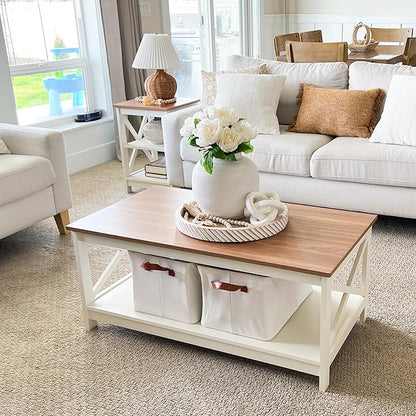 PHI VILLA Farmhouse Coffee Table for Living Room, White Coffee Tables with Storage Rustic Style Modern End Table Set