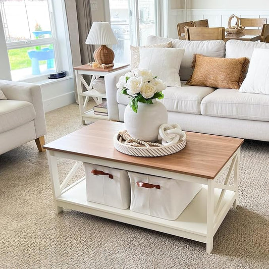 PHI VILLA Farmhouse Coffee Table for Living Room, White Coffee Tables with Storage Rustic Style Modern End Table Set