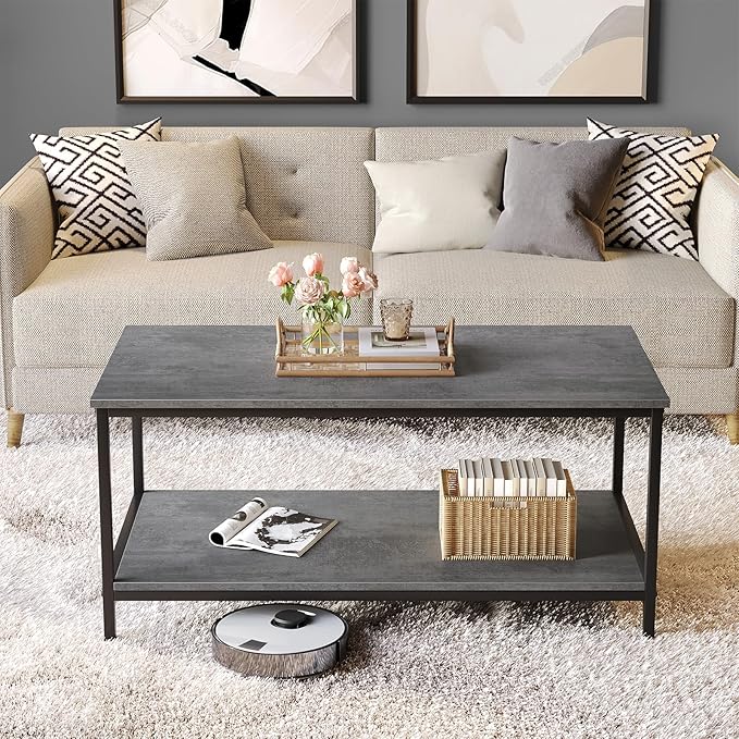 SAYGOER Coffee Table with Storage 2-Tier Industrial Center Table for Living Room, Rectangle Wood Table for Small Spaces Apartment Home Office, Concrete Gray