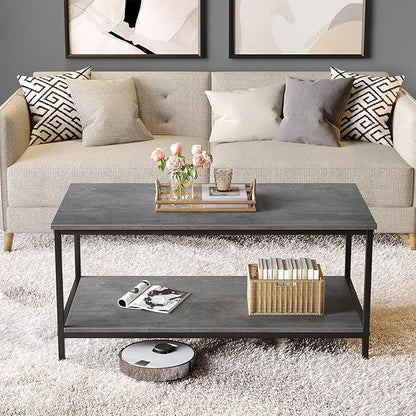 SAYGOER Coffee Table with Storage 2-Tier Industrial Center Table for Living Room, Rectangle Wood Table for Small Spaces Apartment Home Office, Concrete Gray