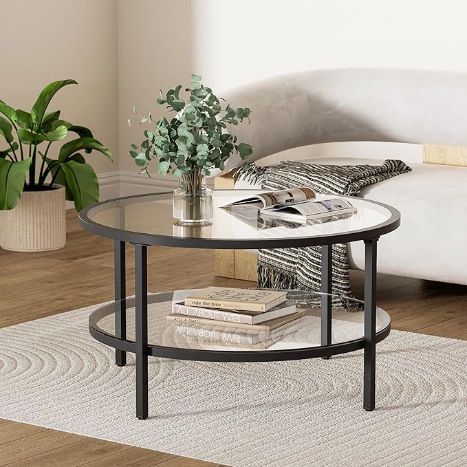 29.5" Round Glass Coffee Table, 2-Tier Modern Black Glass & Metal End Table for Living Room, Mid Century Accent Table with Lower Shelf, 29.5" D x 16.5" H