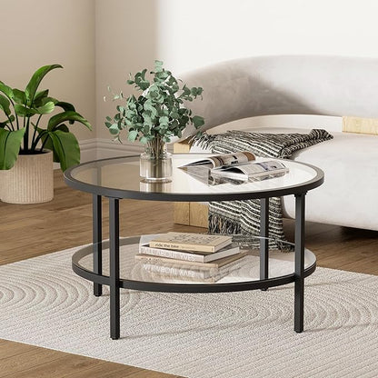 29.5" Round Glass Coffee Table, 2-Tier Modern Black Glass & Metal End Table for Living Room, Mid Century Accent Table with Lower Shelf, 29.5" D x 16.5" H