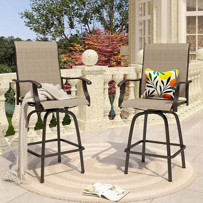 PHI VILLA Outdoor Swivel Bar Stools Set of 2, Bar Height Patio Chairs 30" Seat Height with All-Weather Brown Textilene Fabric, Tall Patio Chairs Furniture for Outside, Deck, Yard and Garden
