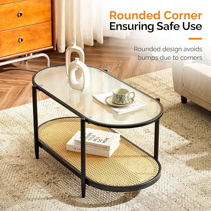 VINGLI 38" Oval Coffee Table with Rattan Shelf, Glass Metal Coffe Table, Skinny Coffee Tables with 2-Tier Storage, Modern Center Table for Living Room, Office, Small Space, Black