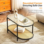 Load image into Gallery viewer, VINGLI 38" Oval Coffee Table with Rattan Shelf, Glass Metal Coffe Table, Skinny Coffee Tables with 2-Tier Storage, Modern Center Table for Living Room, Office, Small Space, Black