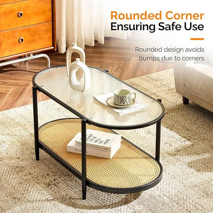 VINGLI 38" Oval Coffee Table with Rattan Shelf, Glass Metal Coffe Table, Skinny Coffee Tables with 2-Tier Storage, Modern Center Table for Living Room, Office, Small Space, Black