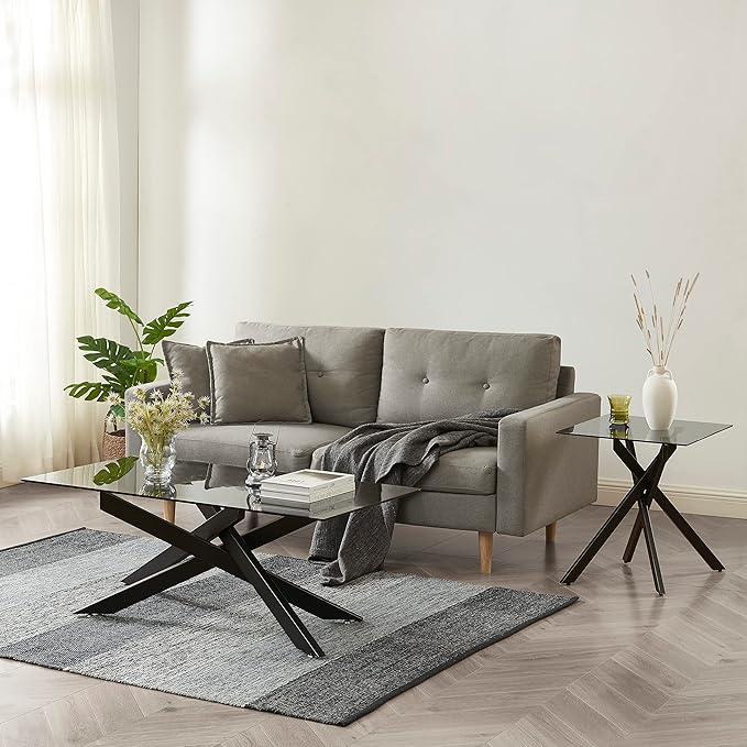 Modern Style Square Side Table with Grey Tempered Glass Top and Black Metal Tubular Legs with Gold Rim 20”Dx20”Wx22”H