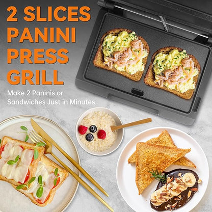 Baker's Friend Mini Panini Press Electric Griddle, 2 Slices of Panini Grill Press Sandwich Maker Press, Sandwichera Electrical for Pancakes & Eggs, Oil Tray, Non Stick Surfaces, Stainless Steel