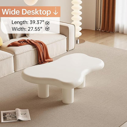 Irregular-Shaped Coffee Table, 39.37" Cream White Center Table with 3 Legs, Cartoon Indoor Tea Table for Living Room, Home Office, Easy to Assemble