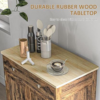 HOMCOM Sideboard with Solid Wood Countertop, Modern Kitchen Storage Cabinet, Coffee Bar Cabinet with 2 Drawers, Doors and Adjustable Shelf, Rustic Brown