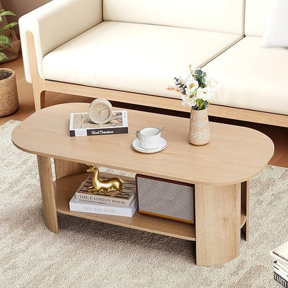 43.3” Oval Coffee Tables for Living Room, Wood Farmhouse Coffee Table with Storage, 2-Tier Center Table with Storage Shelf Low Tea Table for Small Space, Home, Office (Natural)