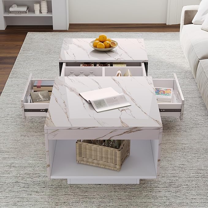 LED Coffee Table, 43" UV High Gloss Modern Center Table with 2 Drawers & Hidden Storage Compartment & Open Compartments, Extendable Modern Cocktail for Living Room,Home (Marble White)