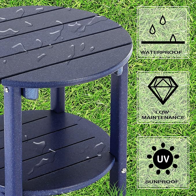 LZRS Round Adirondack Side Table Double End Table, Outdoor Side Tables for Patio, Backyard,Pool, Indoor Companion, Easy Maintenance & Weather Resistant(Navy Blue)