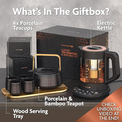 Vianté Luxury Tea Set. Electric Kettle with Infuser for Loose Leaf And Ceramic Serving Set. Teapot and Cup Set with Wooden Tray. Excellent Gift Idea For Tea Lovers.