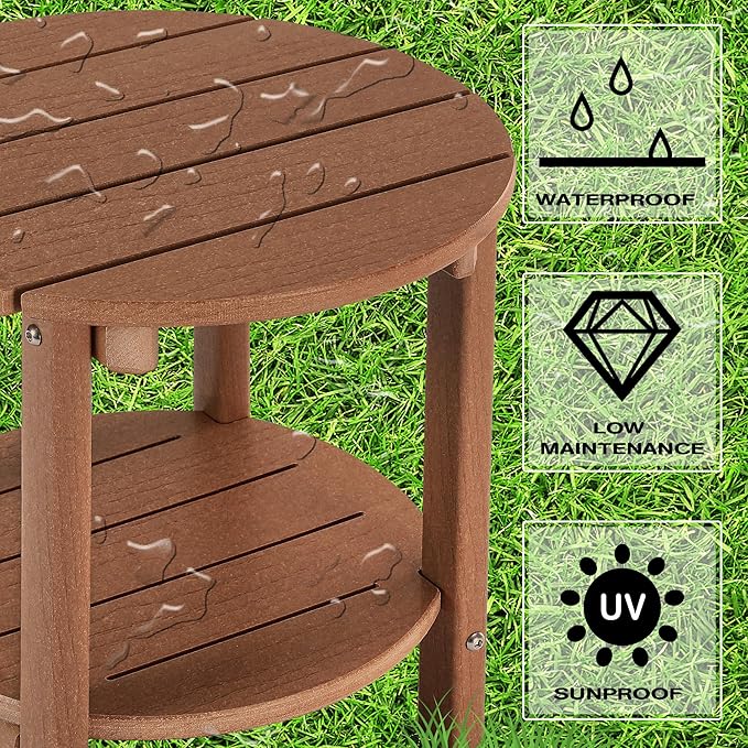 LZRS Round Adirondack Side Table Double End Table, Outdoor Side Tables for Patio, Backyard,Pool, Indoor Companion, Easy Maintenance & Weather Resistant(Brown)