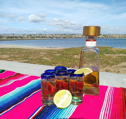 Hand Blown Mexican Tequila Shot Glasses – Set of 6 Cobalt Blue Rim Tequila Shot Glasses (2 oz each)