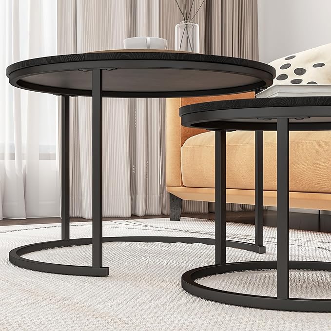 Round Coffee Table Set of 2 End Tables for Living Room,Black Coffee Table Nesting Tables,Living Room Table Wooden Accent Furniture Metal Frame,Sturdy Stacking Side Tables,Easy Assembly