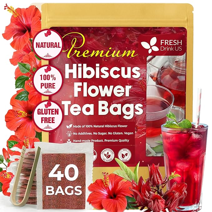FreshDrinkUS, Premium 40 Hibiscus Flowers Tea Bags, 100% Natural, Pure from Hibiscus Flowers. Loose Flower Herbal Tea. No Sugar, No Caffeine, No Gluten, Vegan.