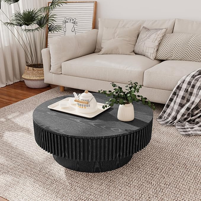 31.5 Inch Round Drum Coffee Table with Storage, Modern Handcraft Fluted Drum Coffee Table, Wooden Round Coffee Table Center Table with Sturdy Pedestal for Living Room Apartment (Black)
