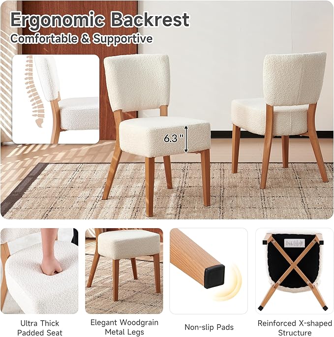 Howtek Modern Dining Chairs Set of 2 with 6.3" Thick Seat Cushions, Space-Saving Stackable Upholstered Kitchen Chairs, Ergonomic Backrest & Metal Legs, White